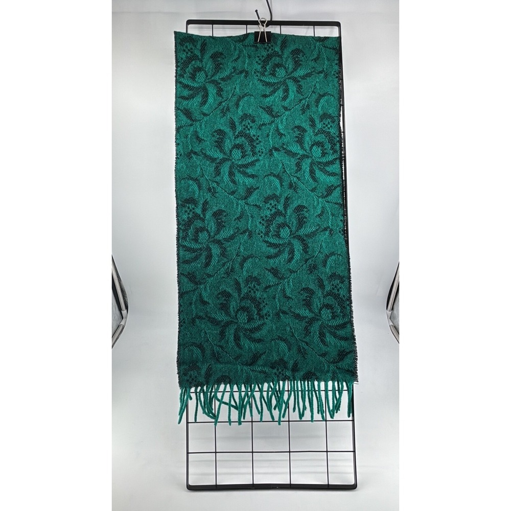 Scarf Green & Black Floral Winter Fringe 58x13"